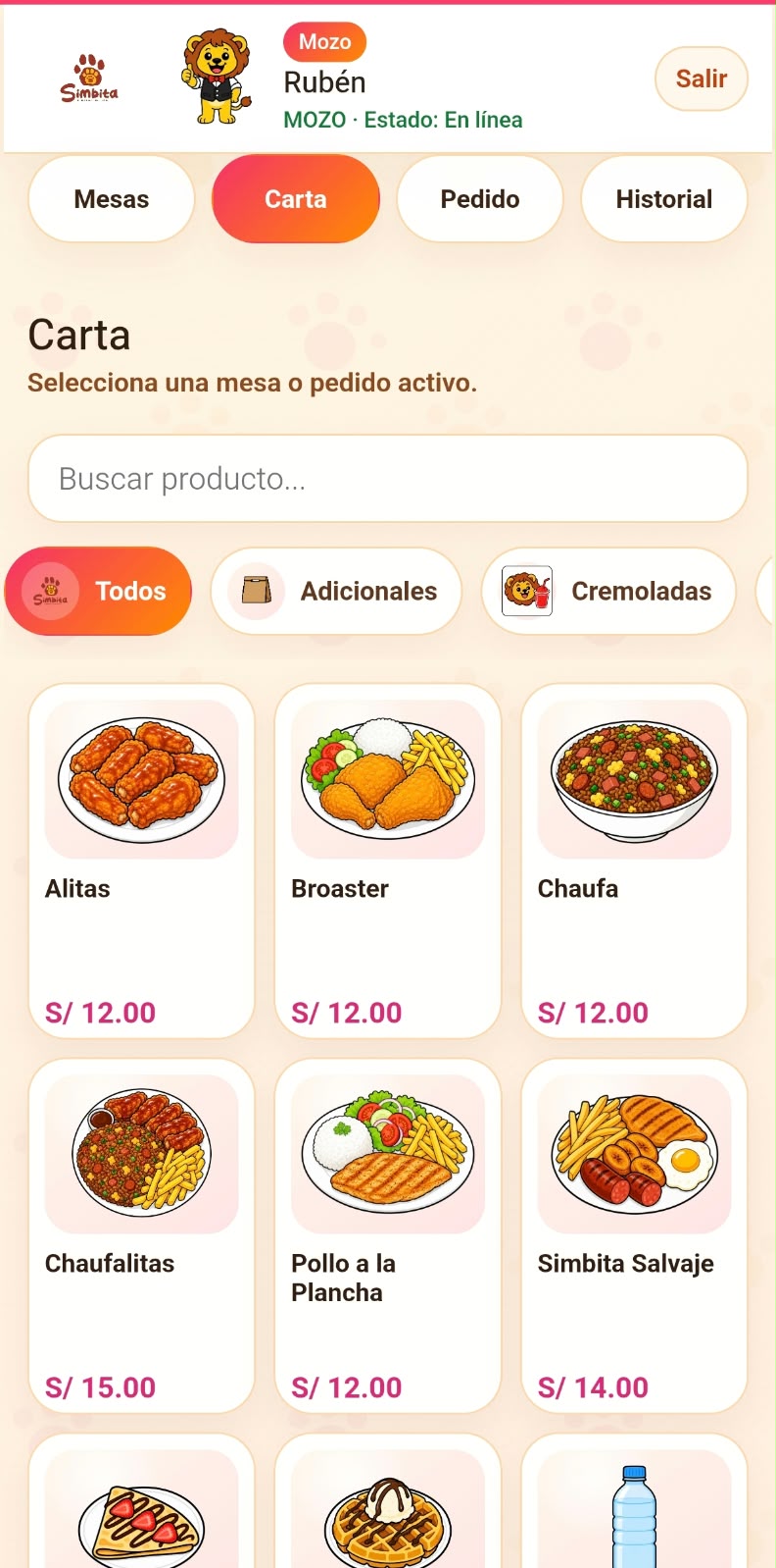 Aplicación móvil para mozos de SIMBITA
